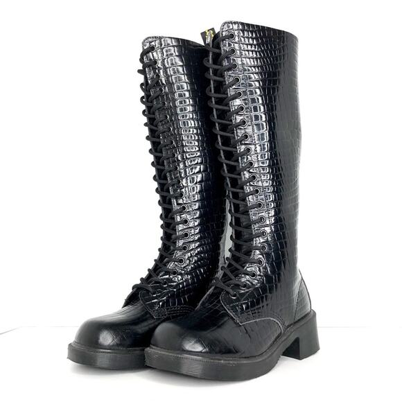 Dr. Martens Shoes - NEW Vintage Dr Martens Croc Patent Leather Knee High Square Toe Heeled Boots 7